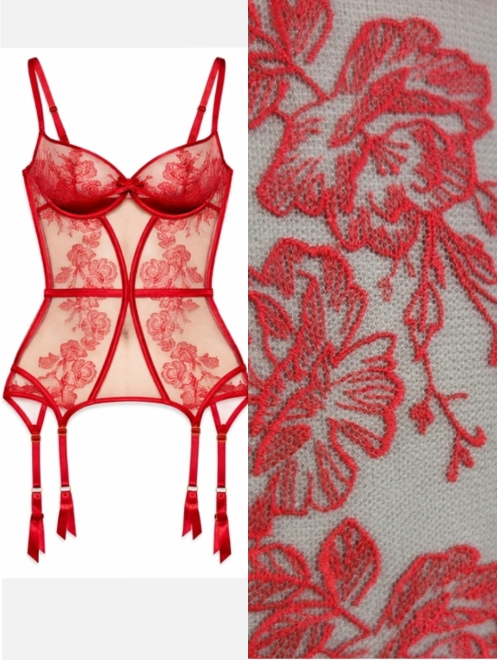 Agent Provocateur Gloria Red Lace Floral Basque Garter Corset 34D